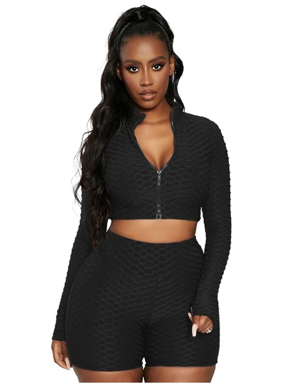 LING FASHION S/M Workout Set Textured Scrunch Short ZipCrop Jacket Set
